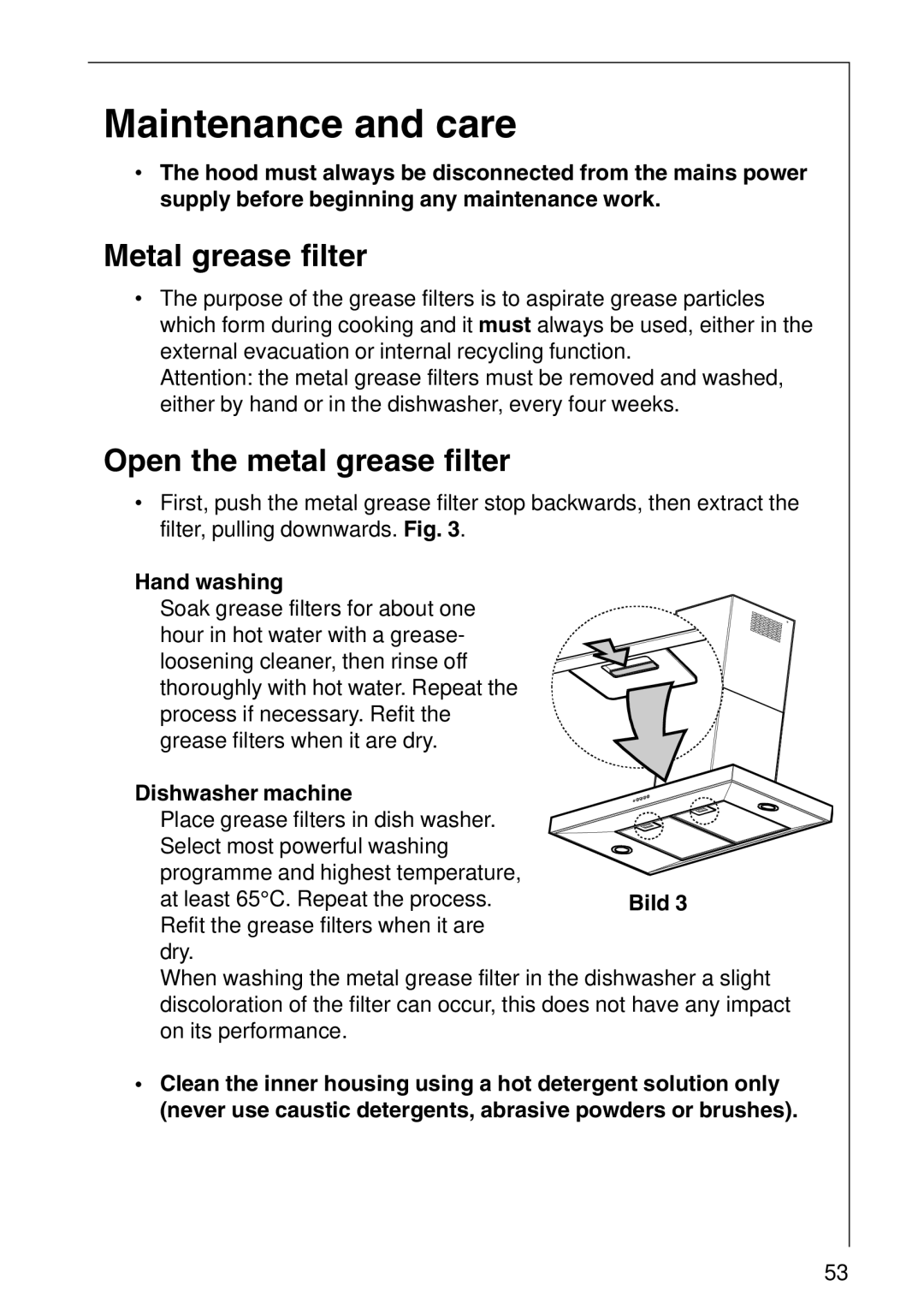 AEG 2490 D, 2460 D installation instructions Maintenance and care, Metal grease filter, Open the metal grease filter 