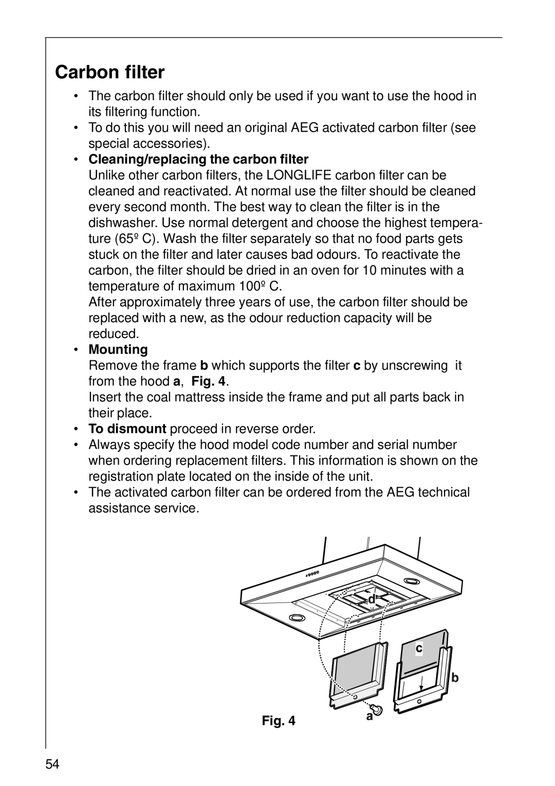 AEG 2460 D, 2490 D installation instructions Carbon filter, Cleaning/replacing the carbon filter 