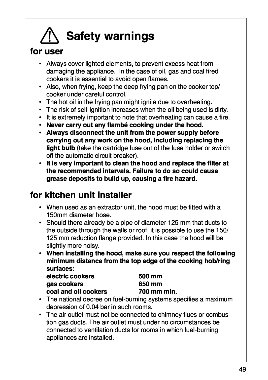 AEG 2490 D, 2460 D installation instructions Safety warnings, for user, for kitchen unit installer 