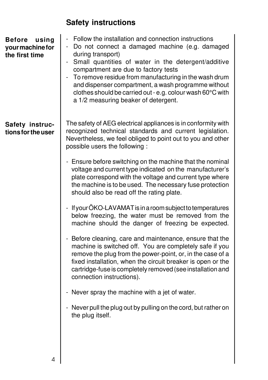 AEG 2550 manual Safety instructions, Before using your machine for the first time 