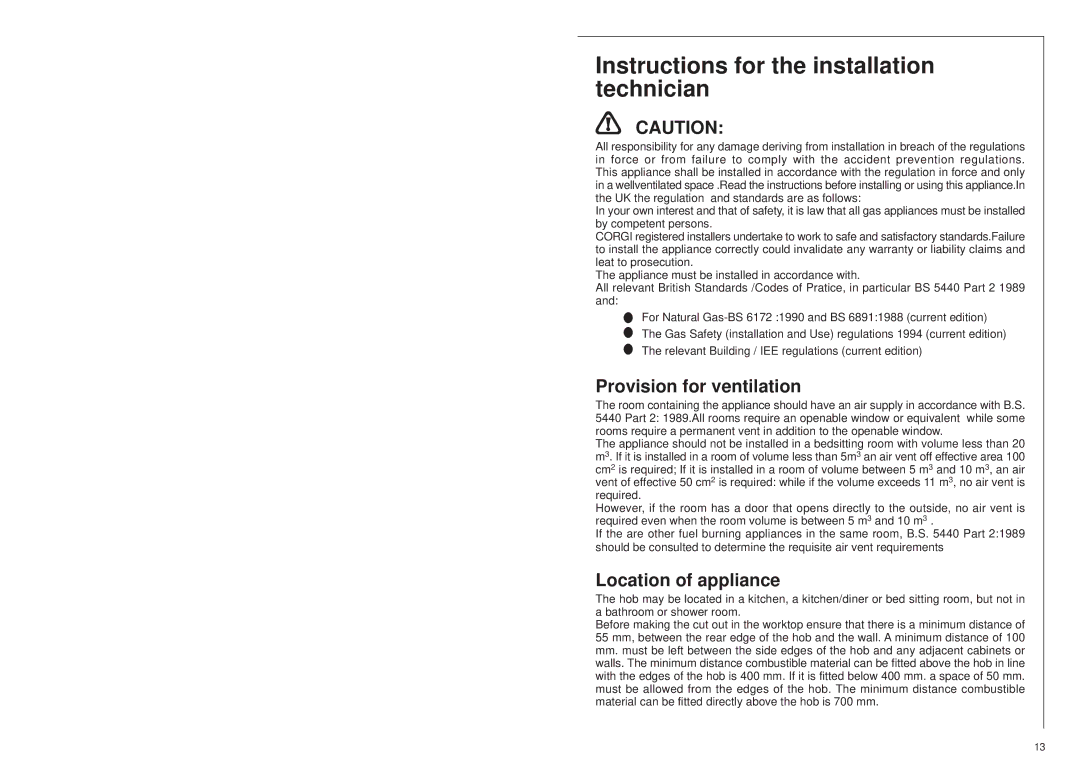 AEG 25742 GM Instructions for the installation technician, Provision for ventilation, Location of appliance 