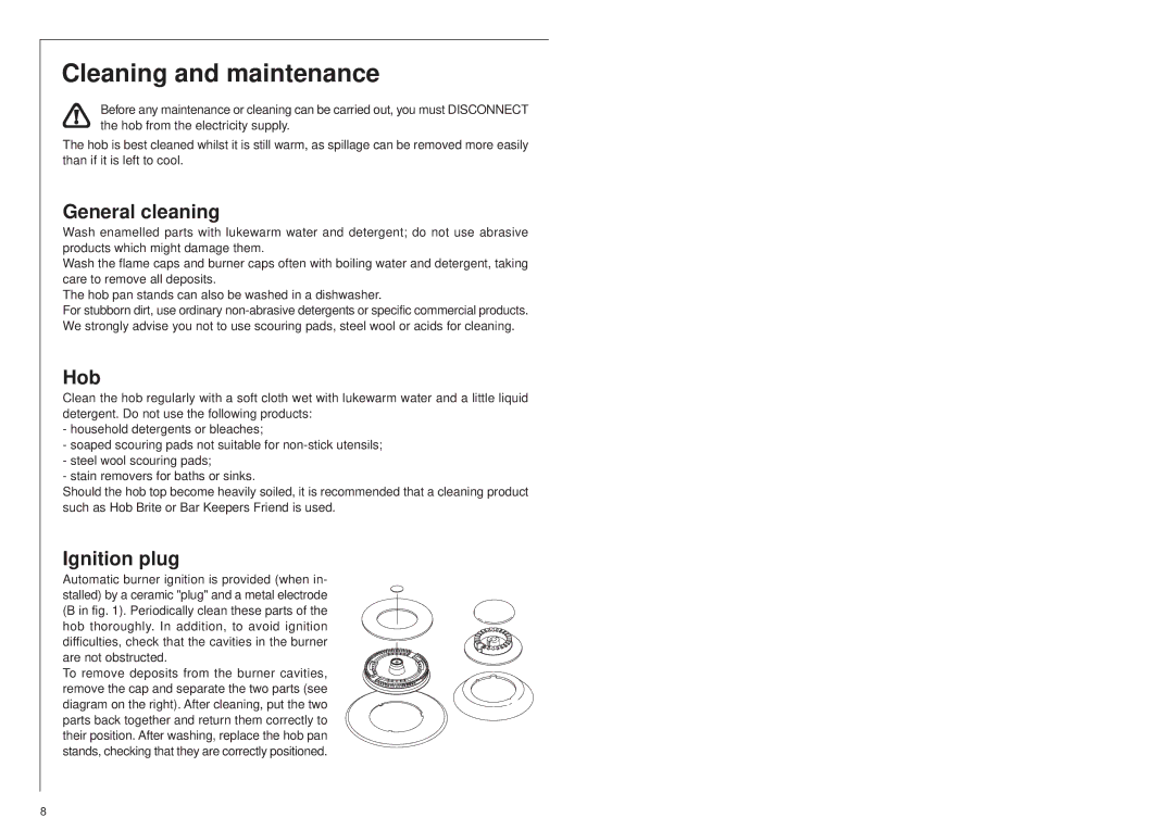 AEG 25742 GM installation instructions Cleaning and maintenance, General cleaning, Hob, Ignition plug 