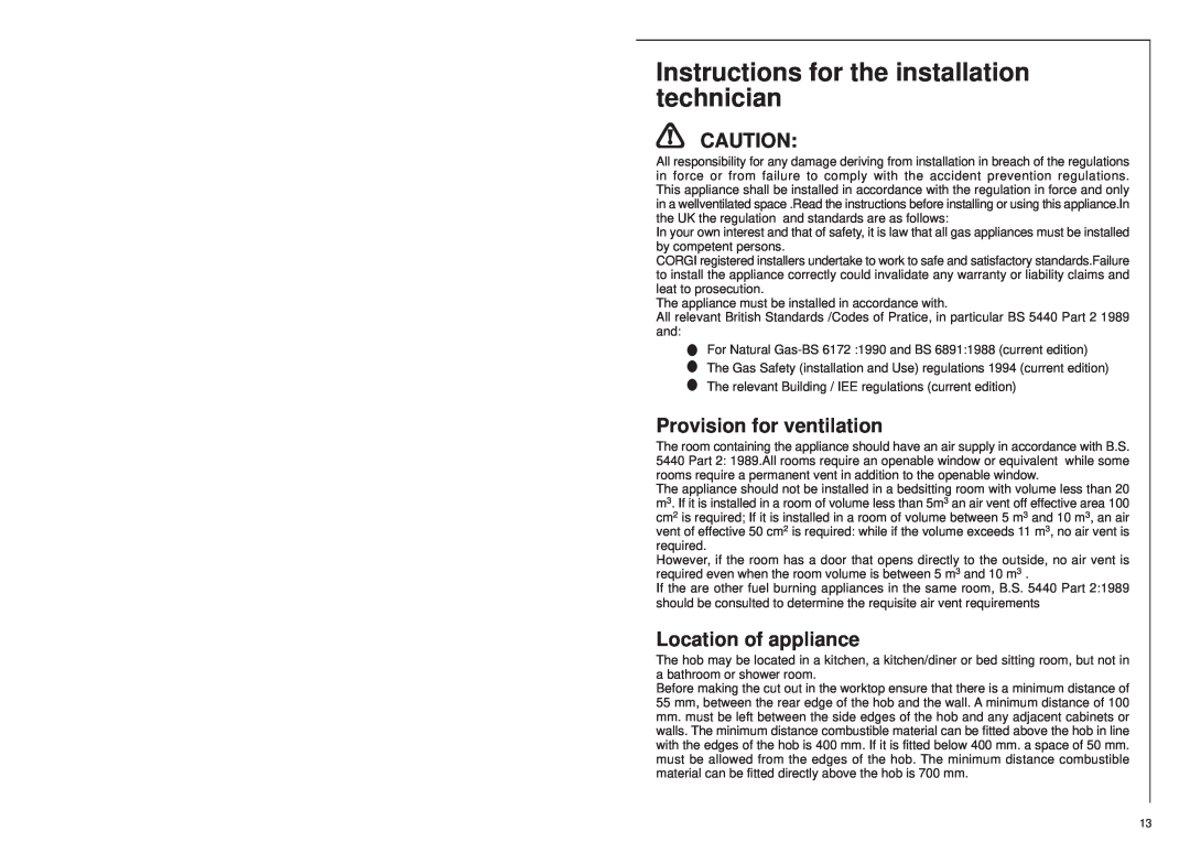 AEG 25742 GM Instructions for the installation technician, Provision for ventilation, Location of appliance 