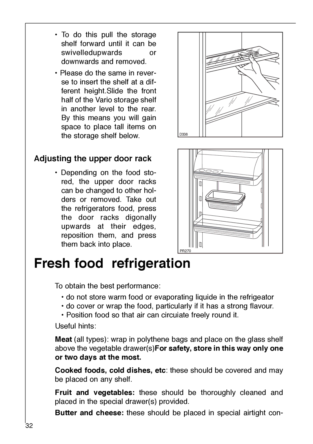 AEG 2642-6 KG manual Fresh food refrigeration, Adjusting the upper door rack 