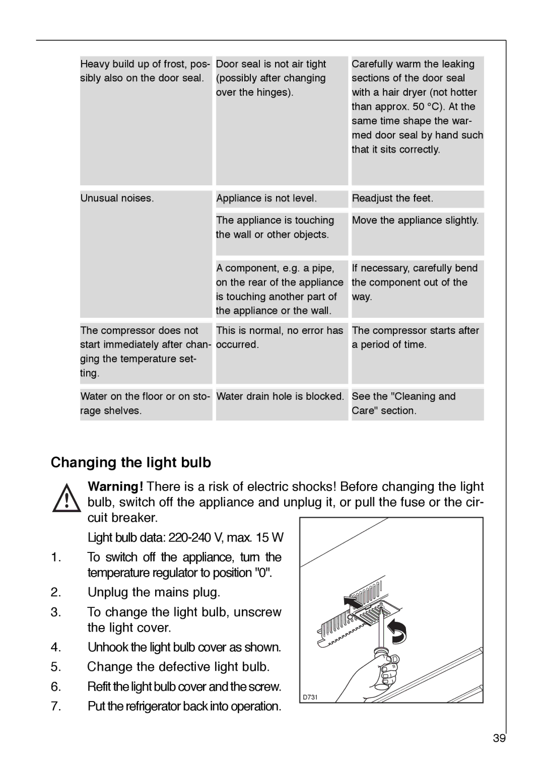 AEG 2642-6 KG manual Changing the light bulb 