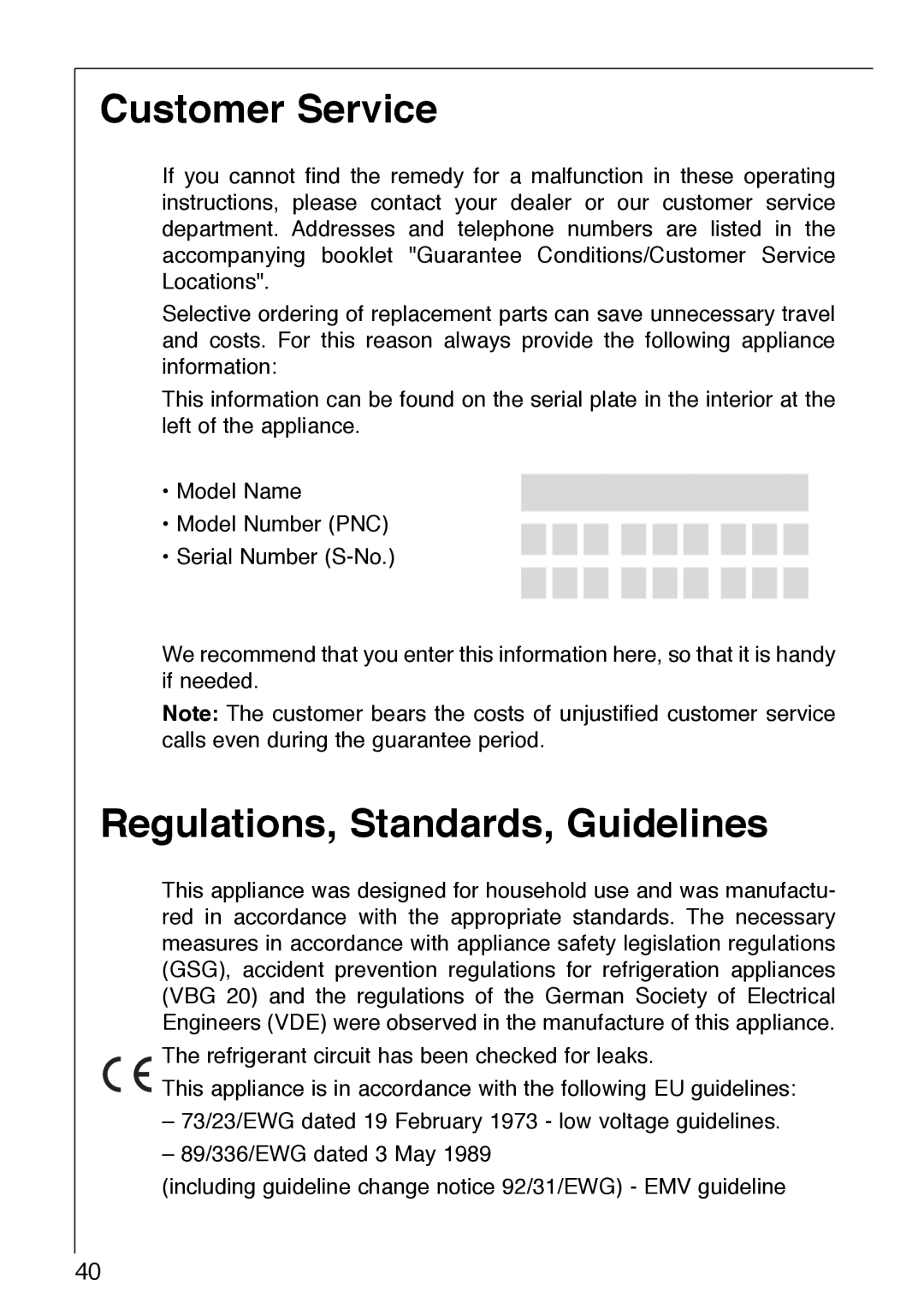 AEG 2642-6 KG manual Customer Service, Regulations, Standards, Guidelines 