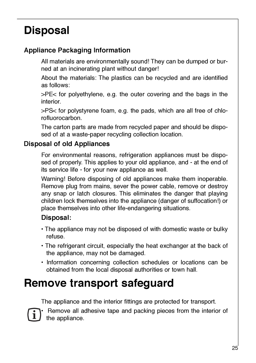 AEG 2642-6 KG manual Remove transport safeguard, Appliance Packaging Information, Disposal of old Appliances 