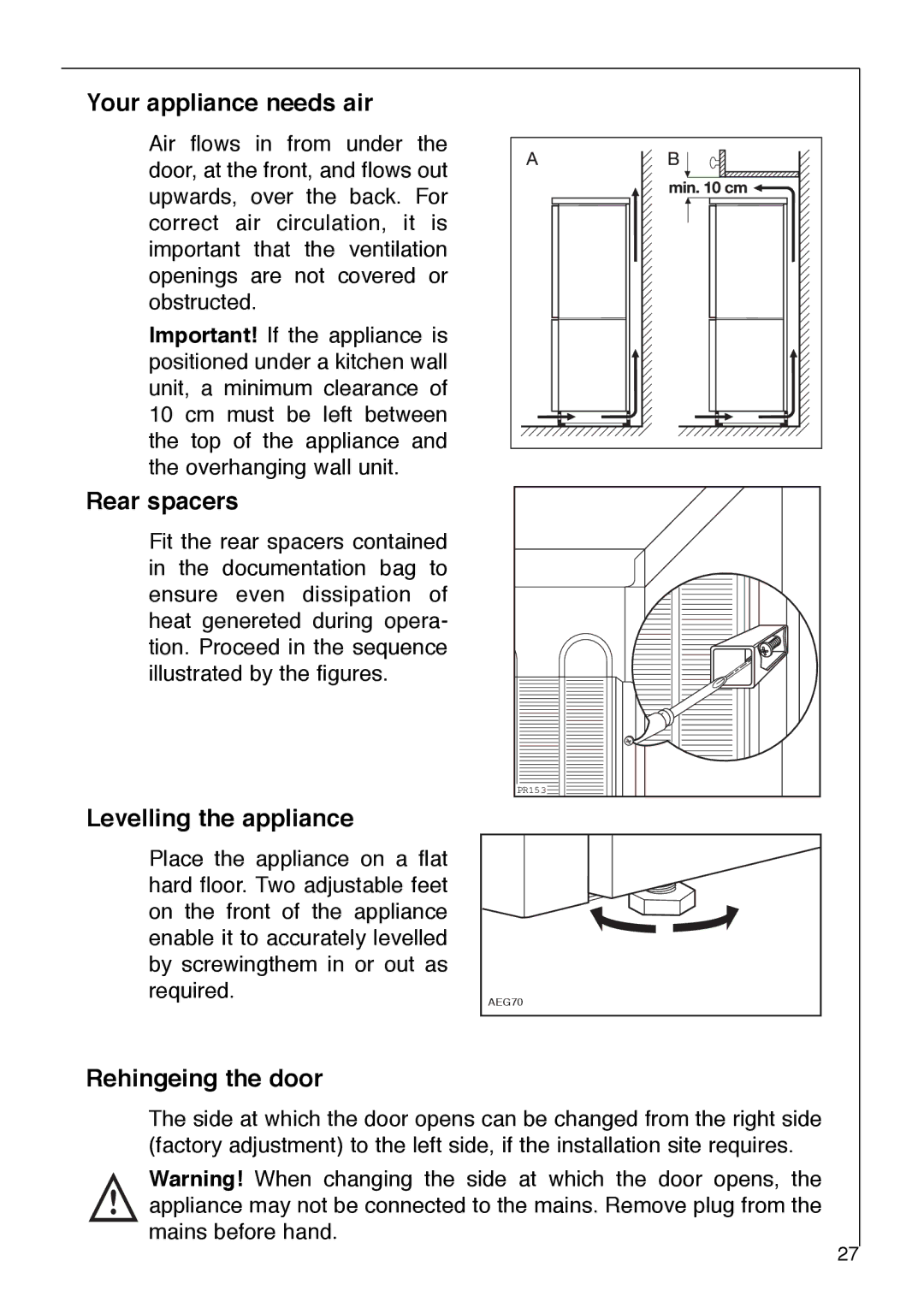 AEG 2642-6 KG manual Your appliance needs air, Rear spacers, Levelling the appliance, Rehingeing the door 