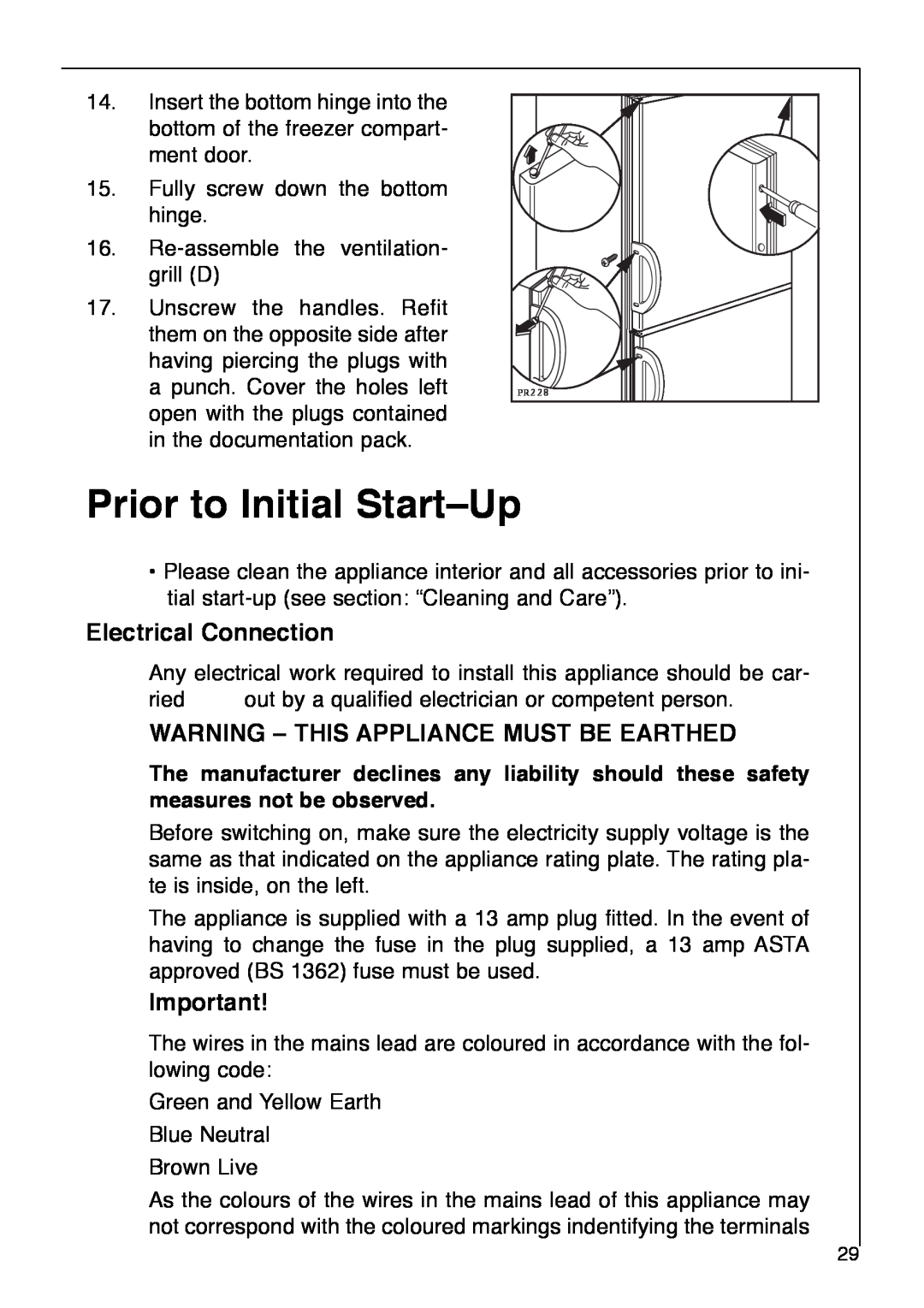 AEG 2642-6 KG manual Prior to Initial StartÐUp, Electrical Connection, Warning Ð This Appliance Must Be Earthed 