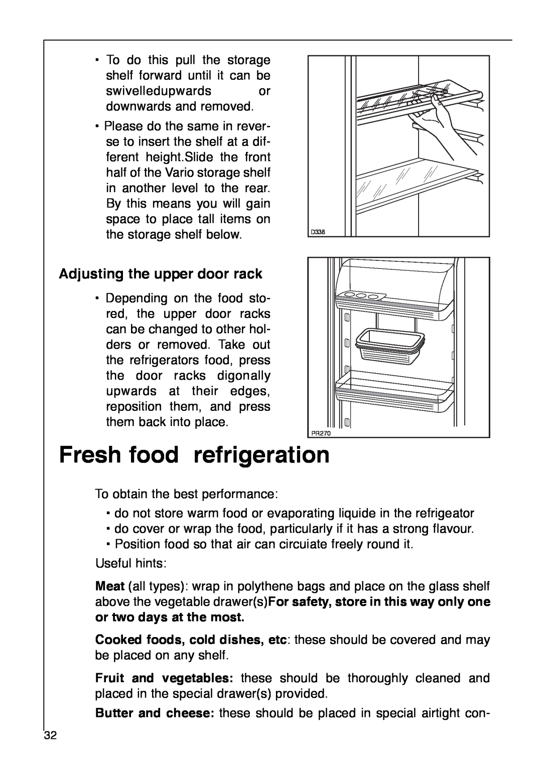 AEG 2642-6 KG manual Fresh food refrigeration, Adjusting the upper door rack 