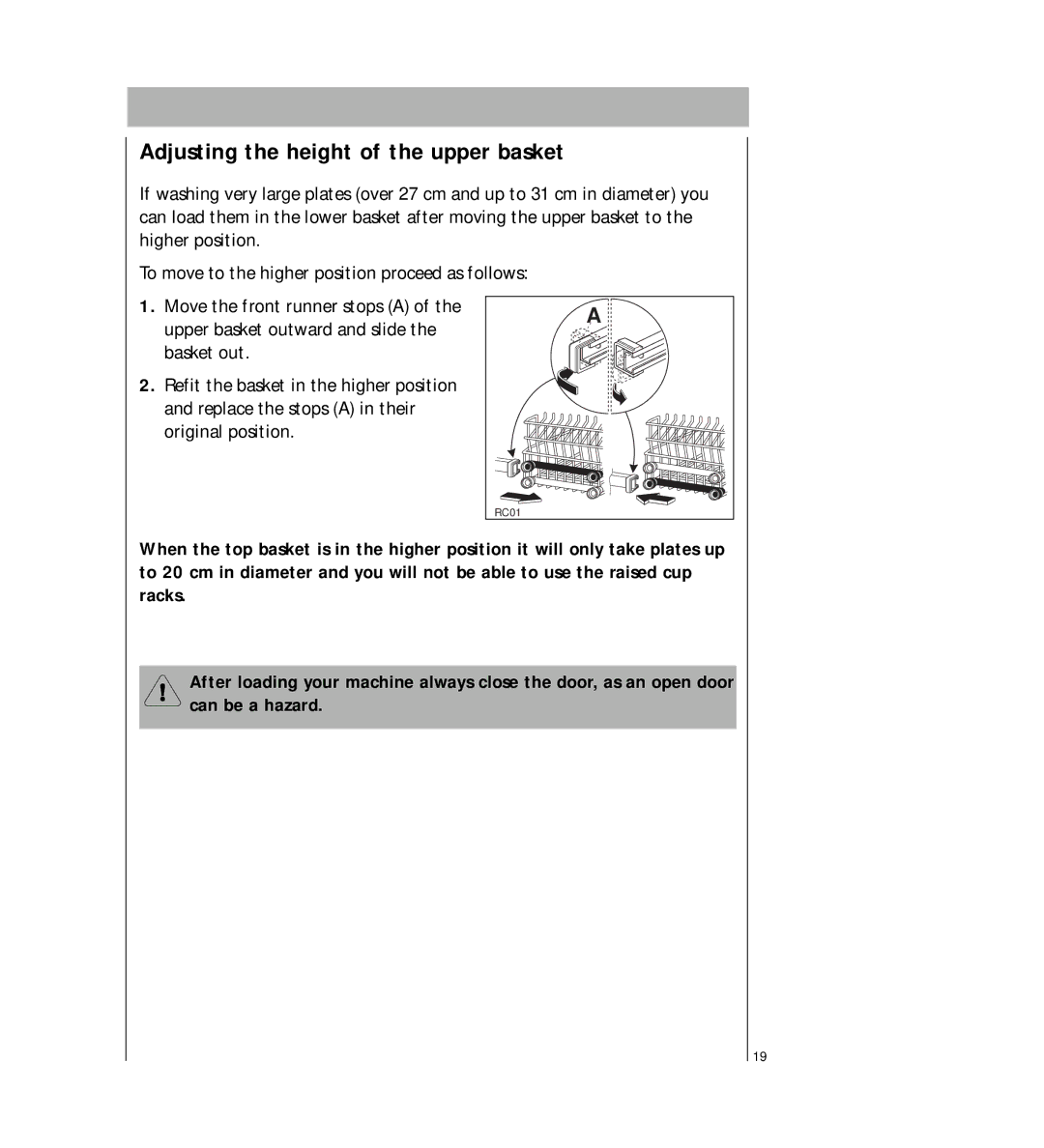 AEG 2807 manual Adjusting the height of the upper basket 