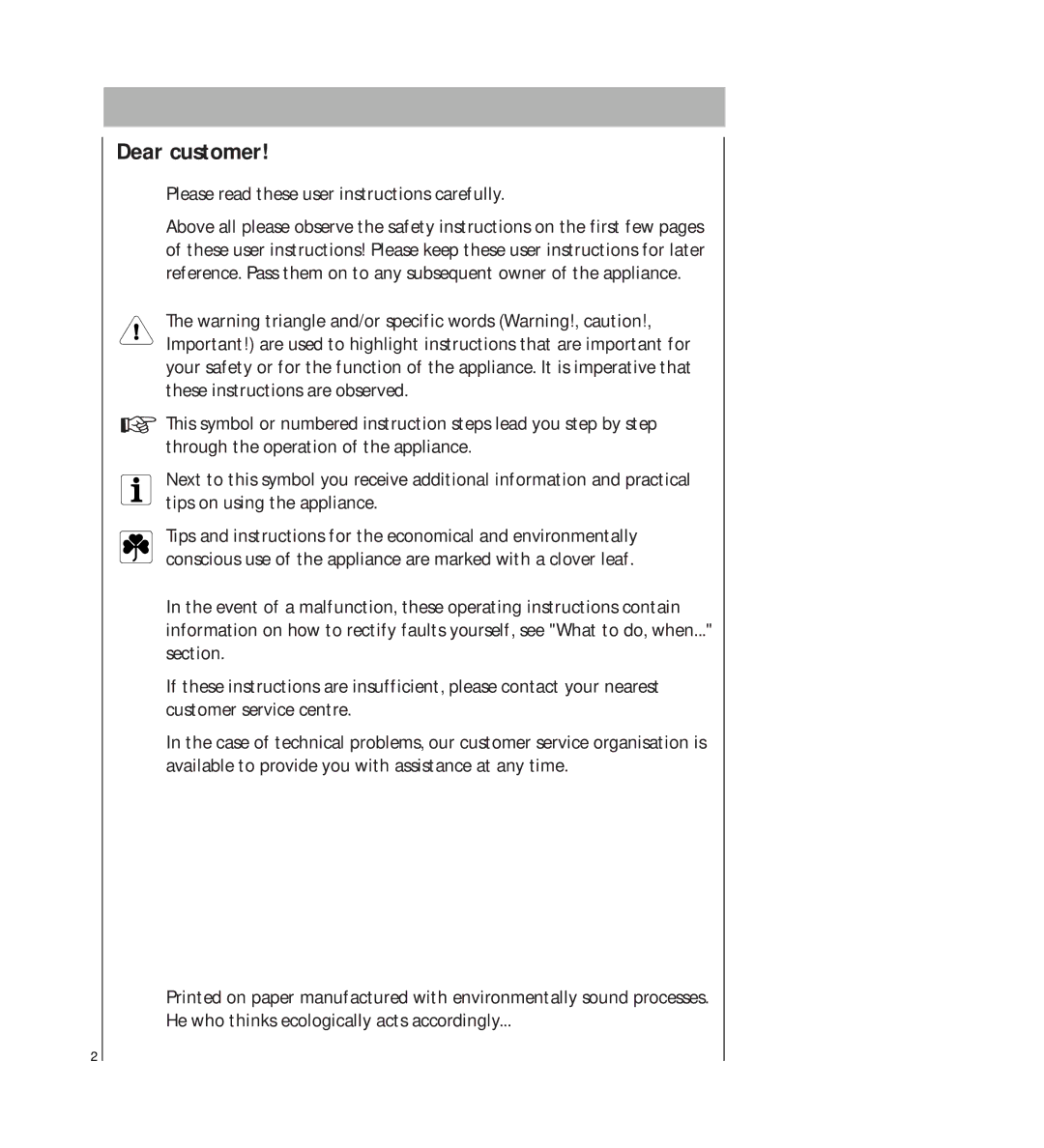 AEG 2807 manual Dear customer, Please read these user instructions carefully 