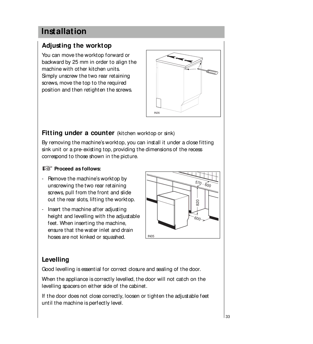 AEG 2807 manual Installation, Adjusting the worktop, Levelling, Proceed as follows 