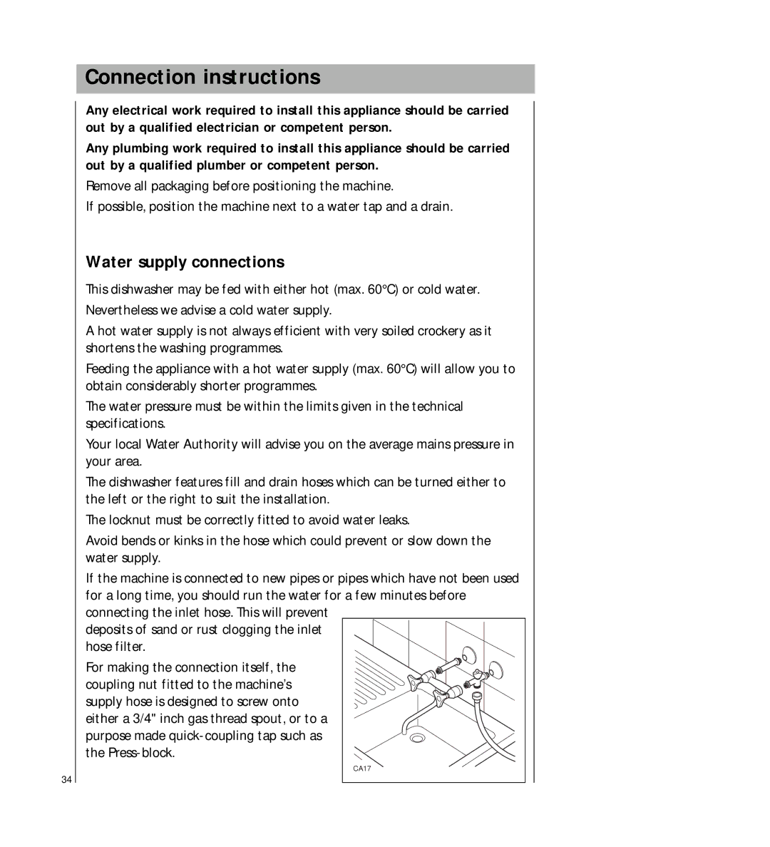 AEG 2807 manual Connection instructions, Water supply connections 