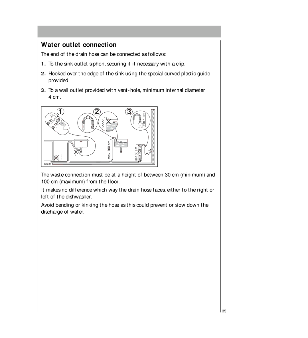 AEG 2807 manual Water outlet connection 