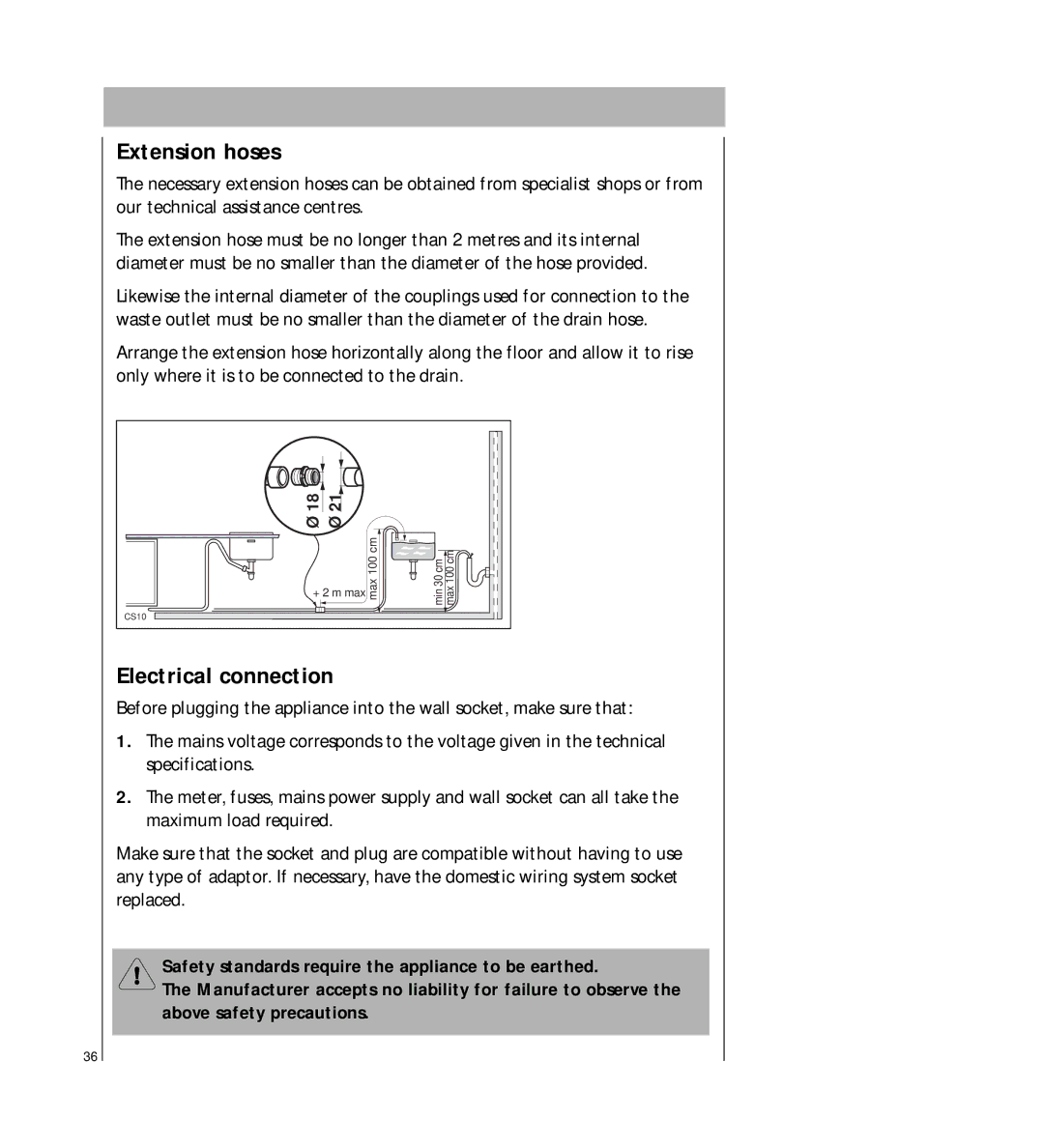 AEG 2807 manual Extension hoses, Electrical connection 