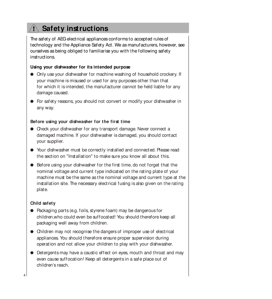 AEG 2807 manual Safety instructions, Using your dishwasher for its intended purpose, Child safety 