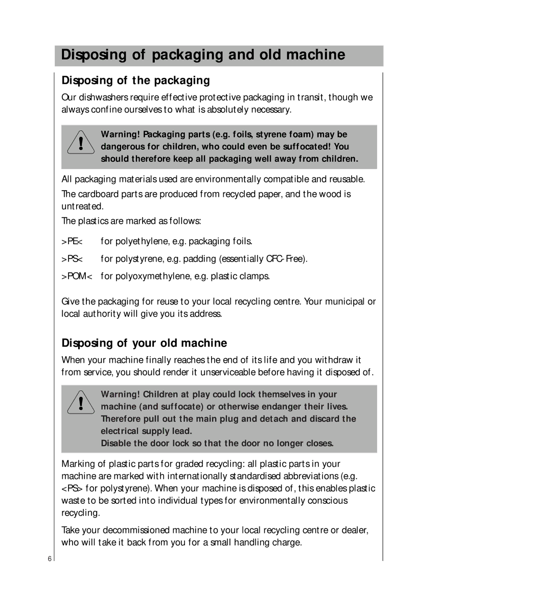 AEG 2807 manual Disposing of packaging and old machine, Disposing of the packaging, Disposing of your old machine 