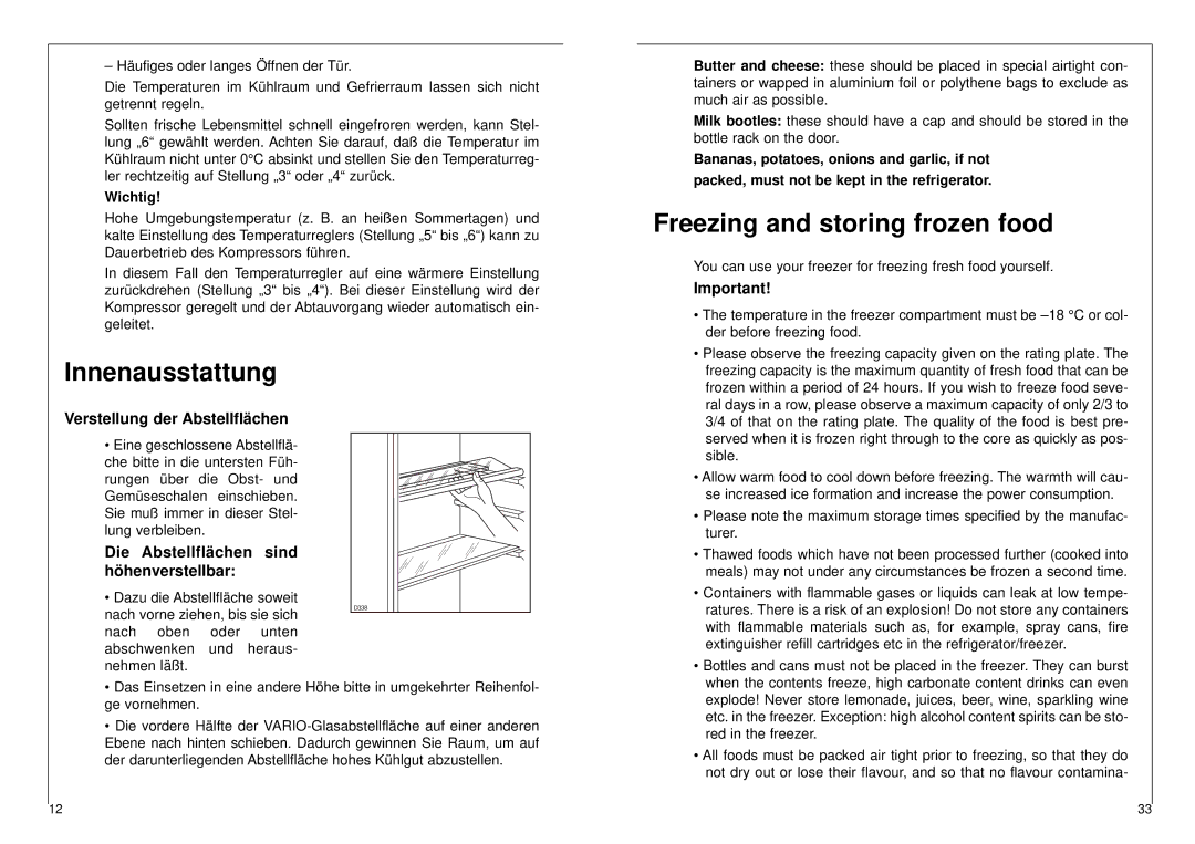 AEG 2842-6 DT manual Innenausstattung, Freezing and storing frozen food, Verstellung der Abstellflächen 