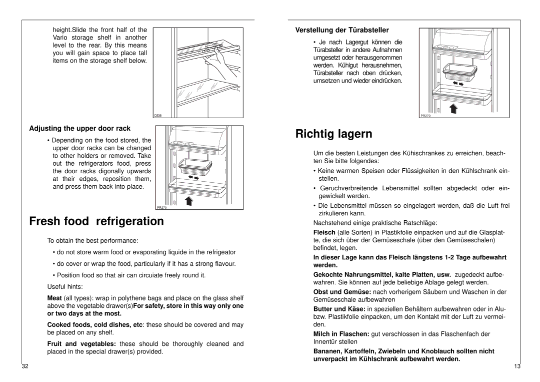 AEG 2842-6 DT manual Fresh food refrigeration, Richtig lagern, Adjusting the upper door rack, Verstellung der Türabsteller 