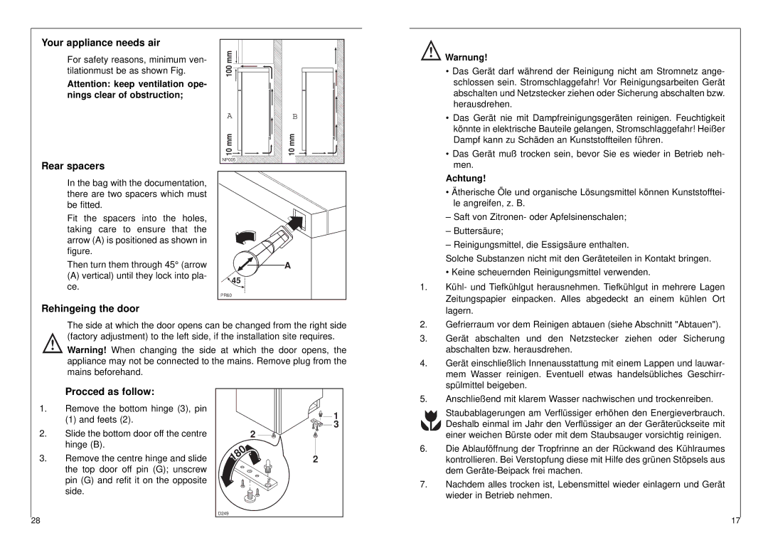 AEG 2842-6 DT manual Your appliance needs air, Rear spacers, Rehingeing the door, Procced as follow 