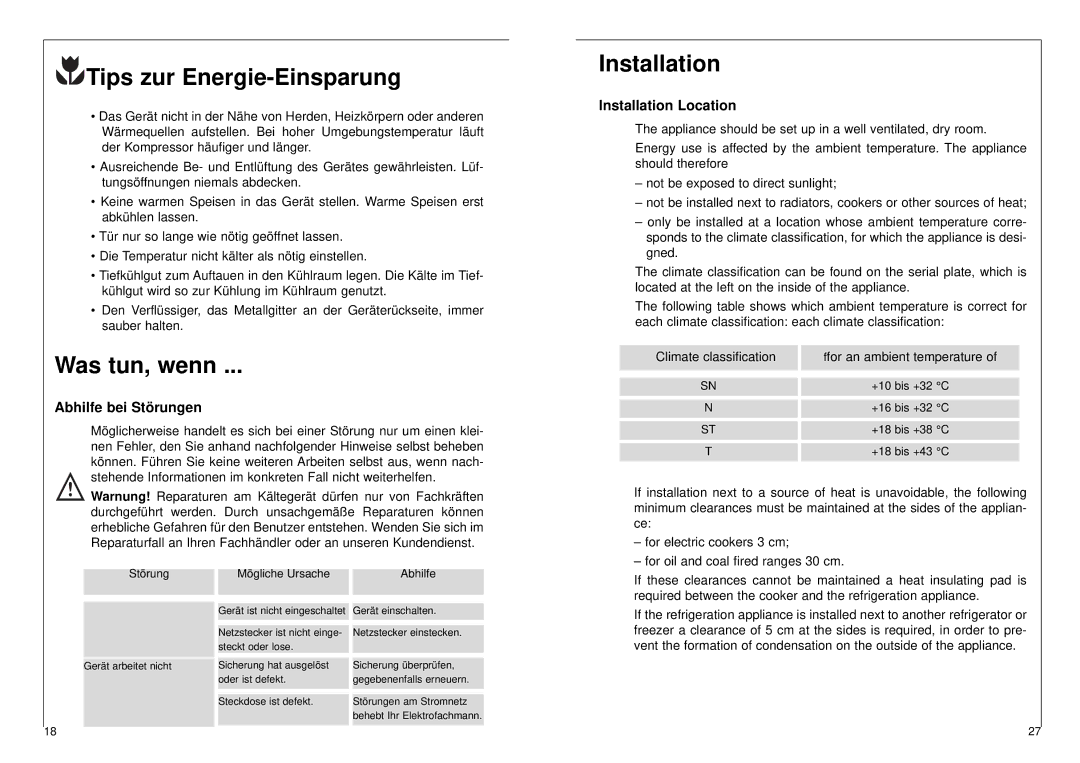 AEG 2842-6 DT manual Tips zur Energie-Einsparung, Was tun, wenn, Abhilfe bei Störungen, Installation Location 