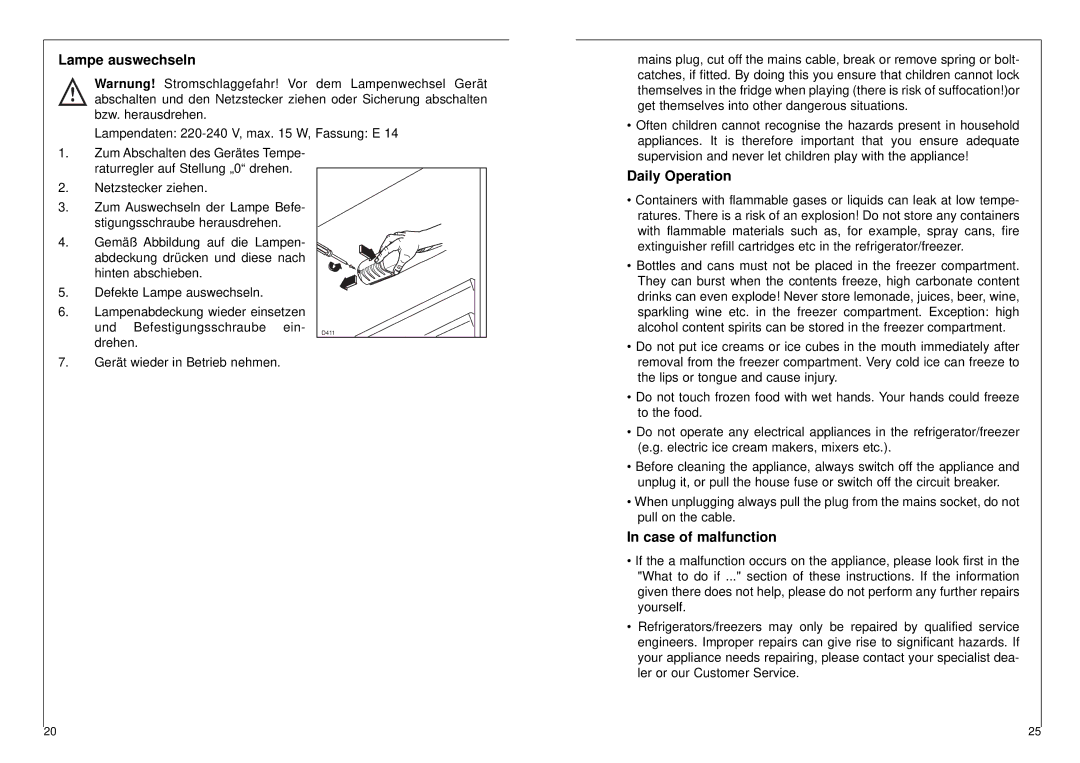 AEG 2842-6 DT manual Lampe auswechseln, Daily Operation, Case of malfunction 