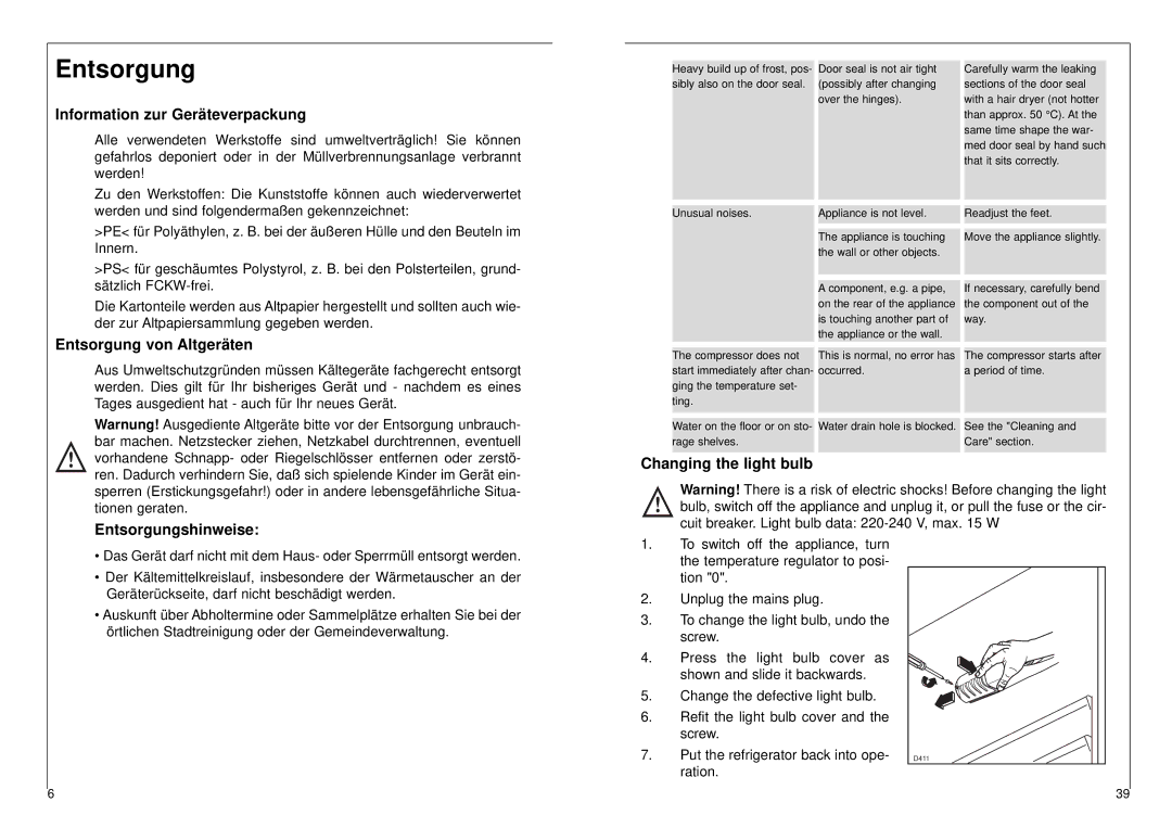 AEG 2842-6 DT Information zur Geräteverpackung, Entsorgung von Altgeräten, Entsorgungshinweise Changing the light bulb 