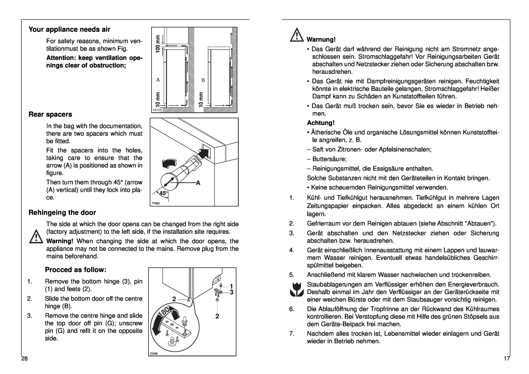 AEG 2842-6 DT manual Your appliance needs air, Rear spacers, Rehingeing the door, Procced as follow 
