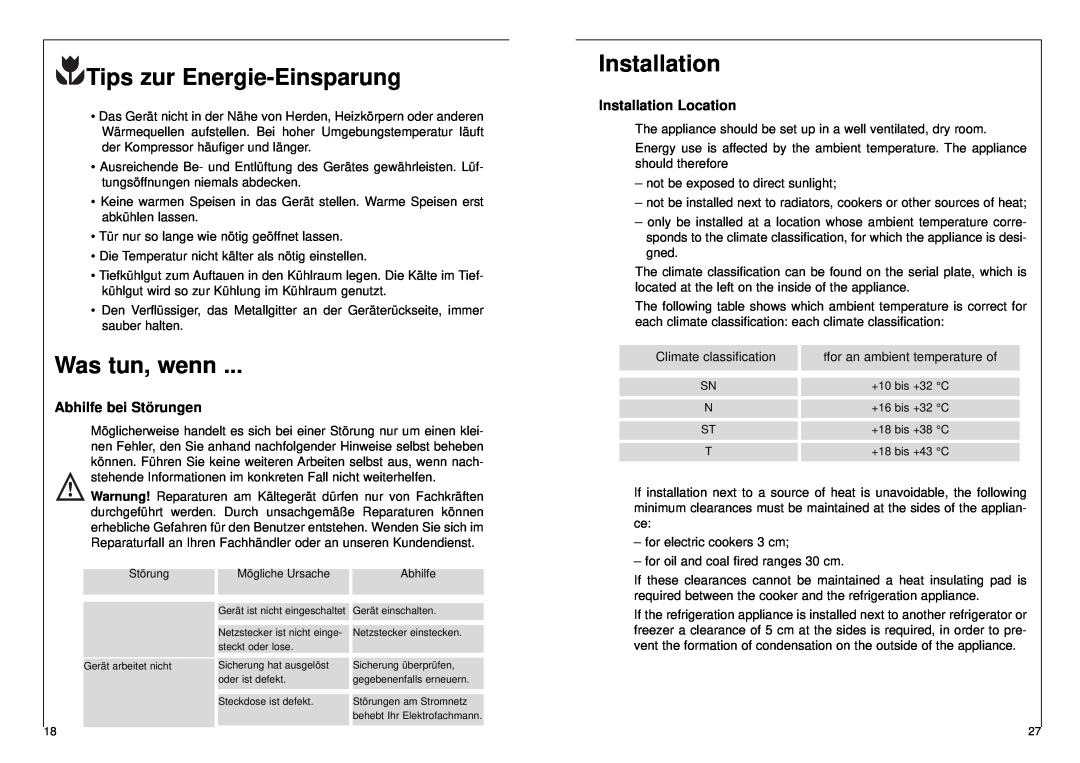 AEG 2842-6 DT manual Tips zur Energie-Einsparung, Was tun, wenn, Abhilfe bei Störungen, Installation Location 
