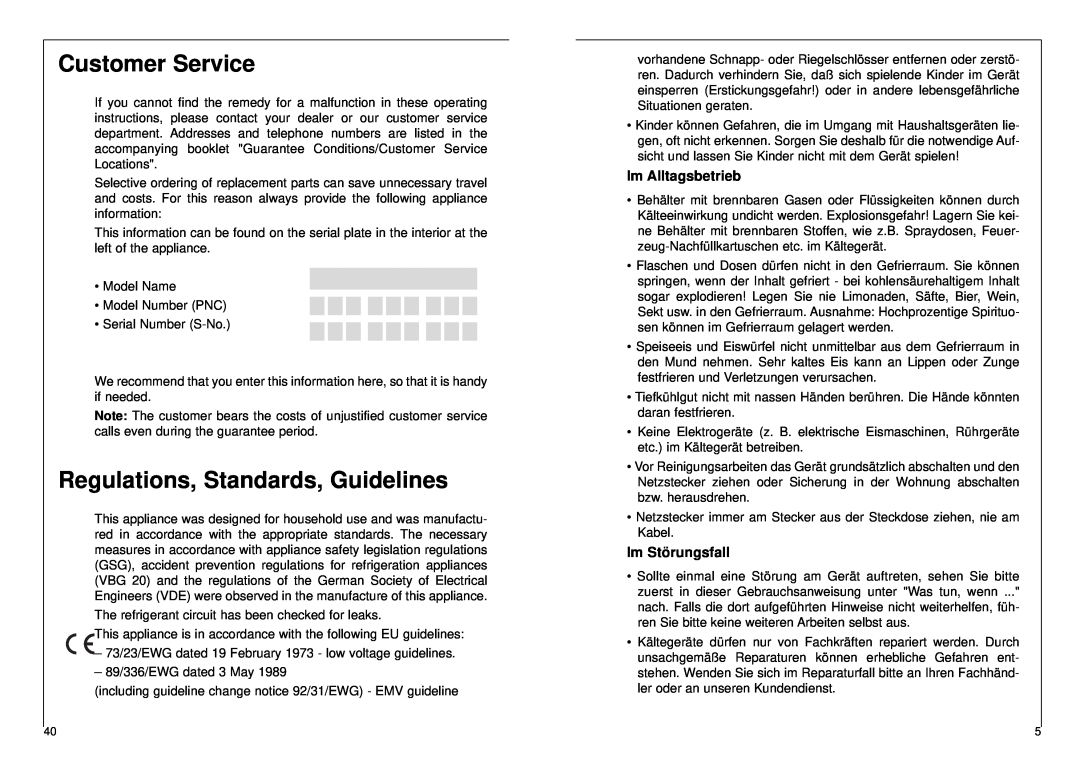 AEG 2842-6 DT manual Customer Service, Regulations, Standards, Guidelines, Im Alltagsbetrieb, Im Störungsfall 