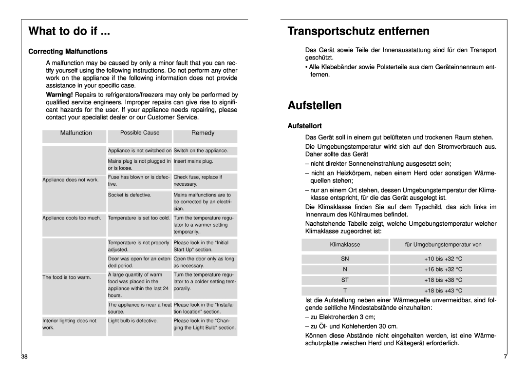 AEG 2842-6 DT manual What to do if, Transportschutz entfernen, Aufstellen, Correcting Malfunctions, Aufstellort 