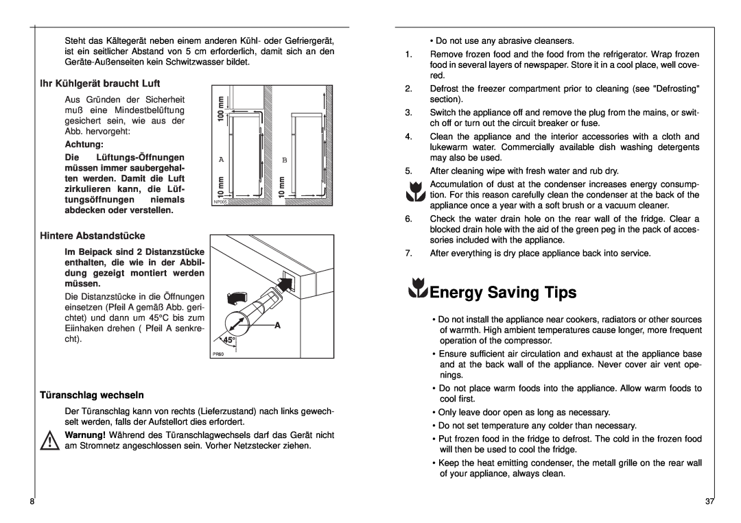 AEG 2842-6 DT manual Energy Saving Tips, Ihr Kühlgerät braucht Luft, Hintere Abstandstücke, Türanschlag wechseln 
