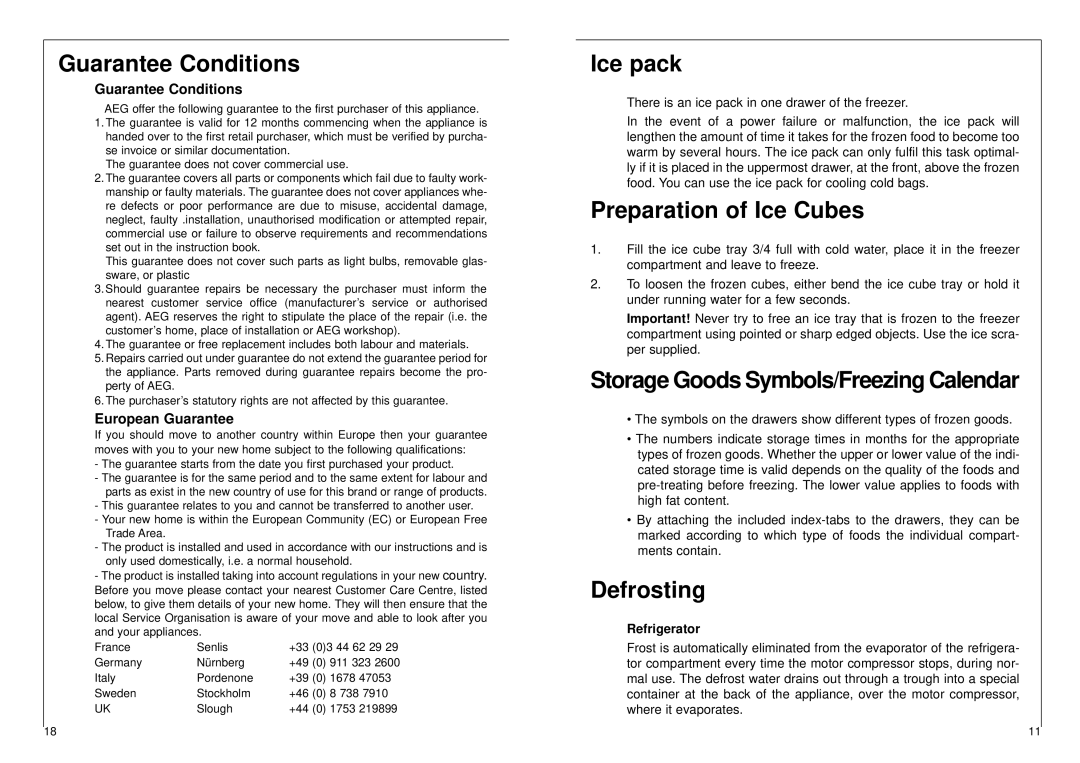 AEG 2842-6 I Guarantee Conditions, Ice pack, Preparation of Ice Cubes, Storage Goods Symbols/Freezing Calendar, Defrosting 