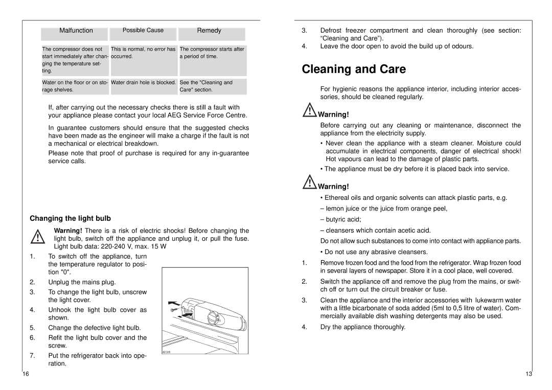 AEG 2842-6 I installation instructions Cleaning and Care, Changing the light bulb 