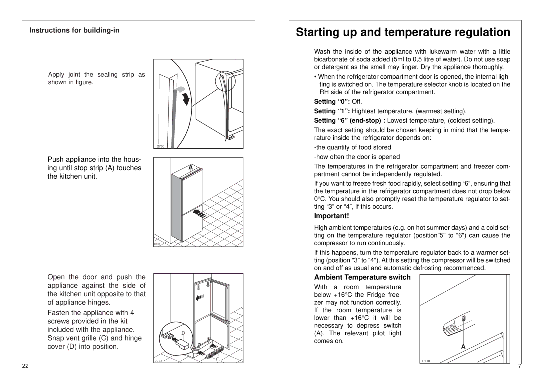 AEG 2842-6 I Starting up and temperature regulation, Instructions for building-in, Ambient Temperature switch 