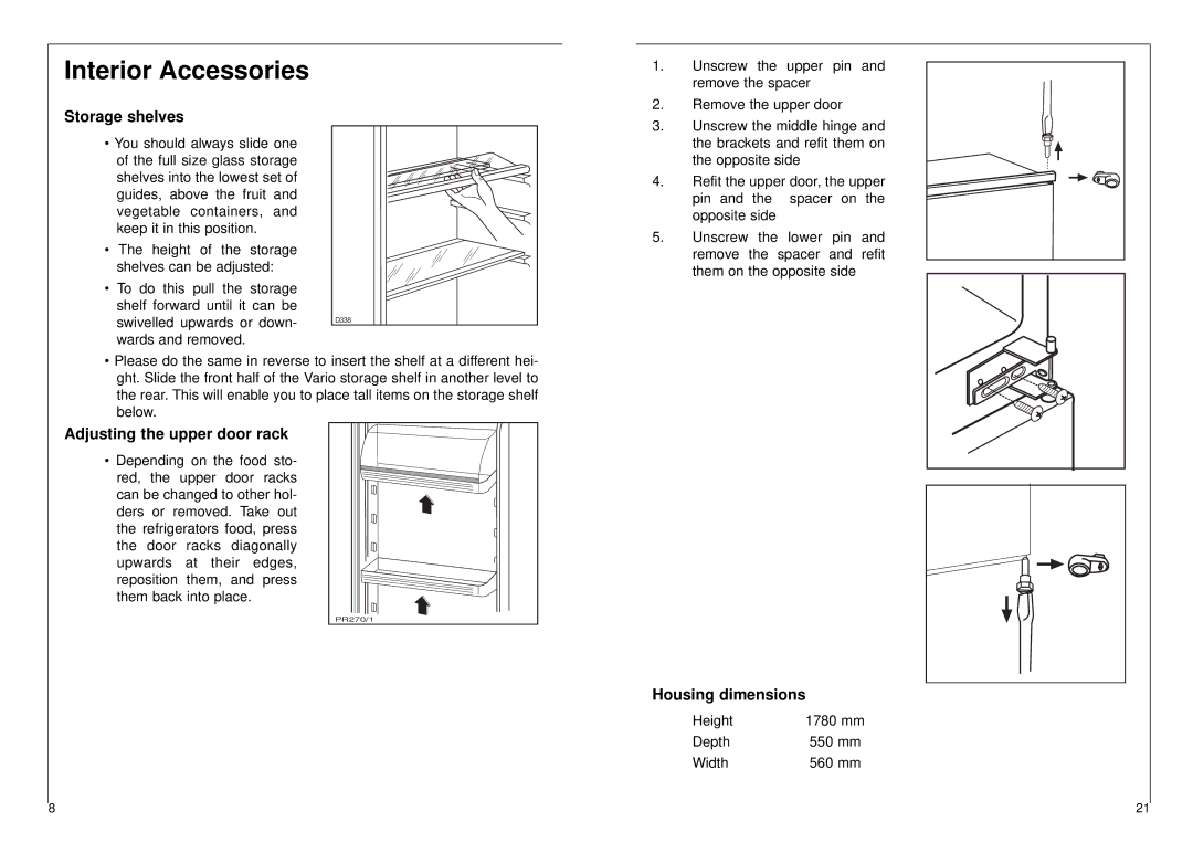 AEG 2842-6 I Interior Accessories, Storage shelves, Adjusting the upper door rack, Housing dimensions 