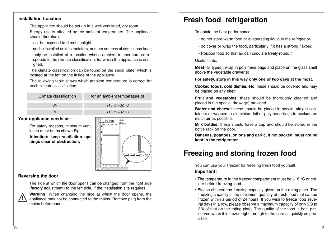 AEG 2842-6 I Fresh food refrigeration, Freezing and storing frozen food, Installation Location, Your appliance needs air 