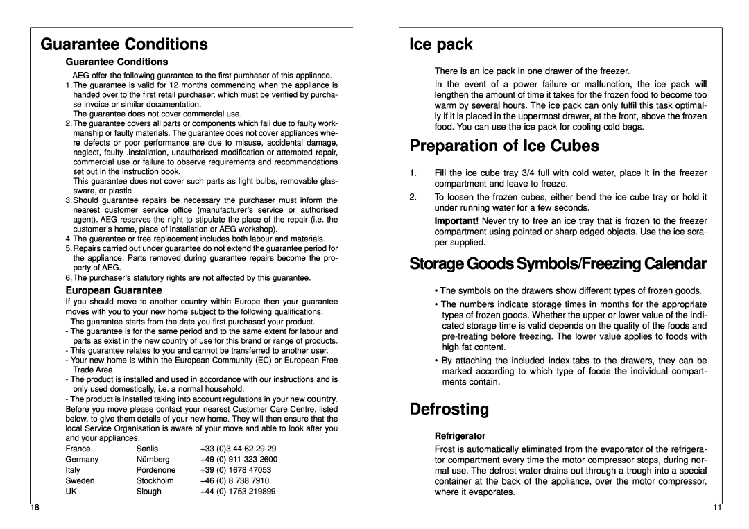 AEG 2842-6 I Guarantee Conditions, Ice pack, Preparation of Ice Cubes, Storage Goods Symbols/Freezing Calendar, Defrosting 