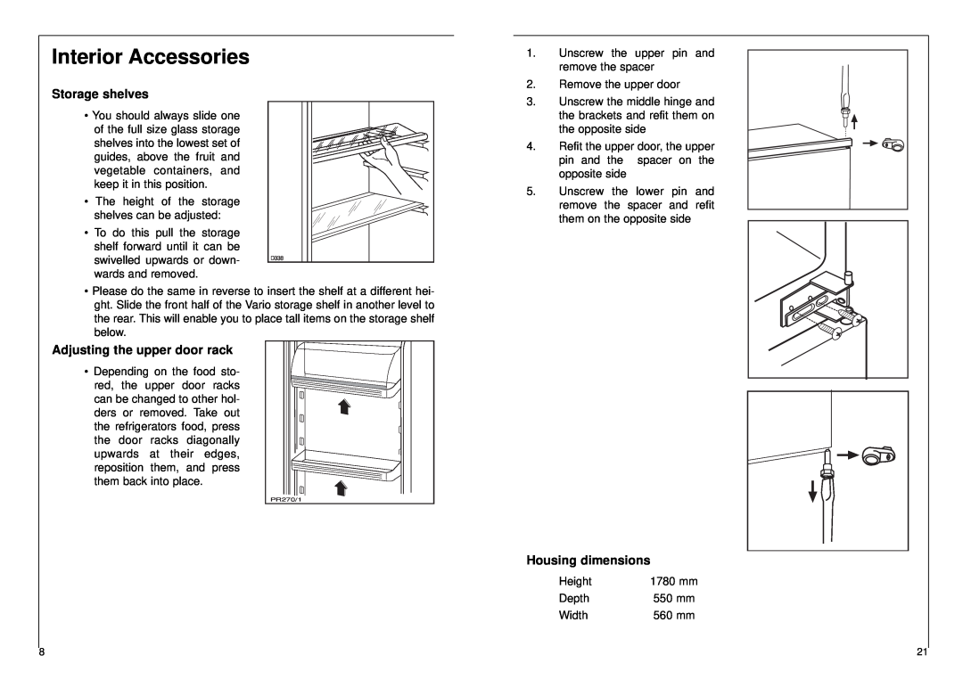 AEG 2842-6 I Interior Accessories, Storage shelves, Adjusting the upper door rack, Housing dimensions 