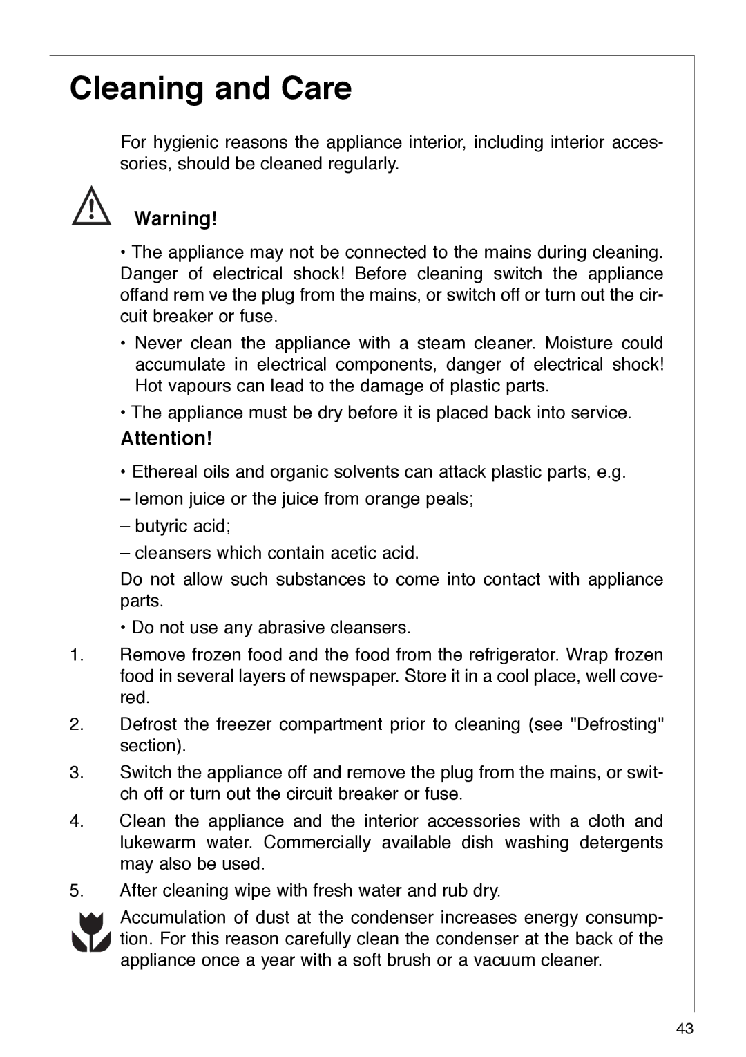 AEG 290-6I installation instructions Cleaning and Care 