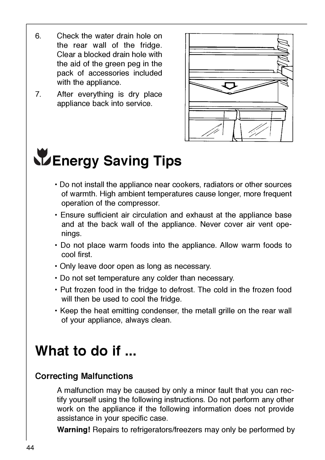 AEG 290-6I installation instructions Energy Saving Tips, What to do if, Correcting Malfunctions 