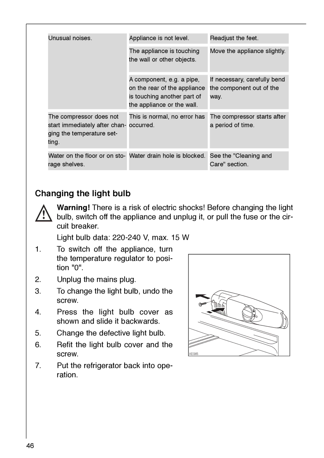 AEG 290-6I installation instructions Changing the light bulb 