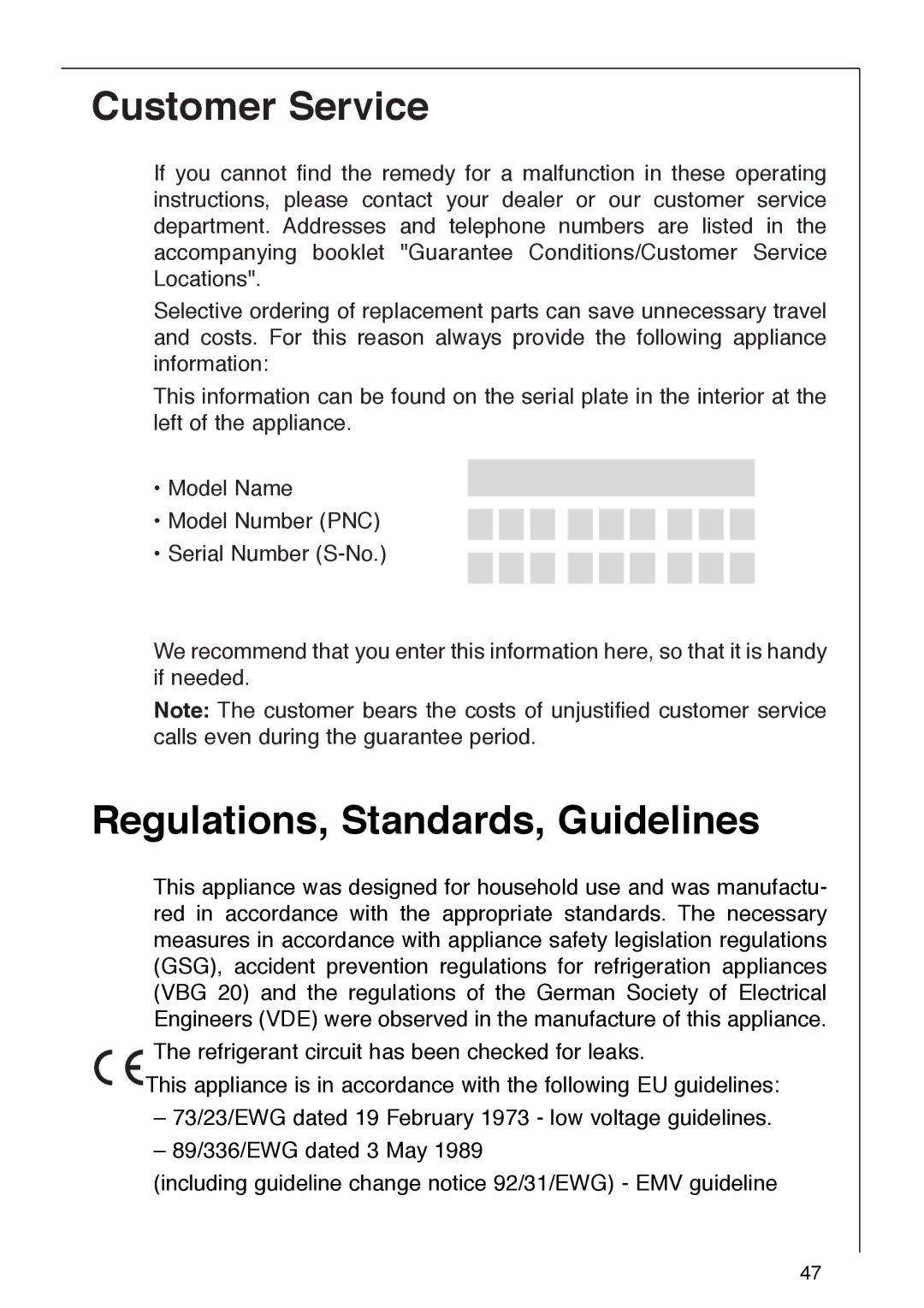 AEG 290-6I installation instructions Customer Service, Regulations, Standards, Guidelines 