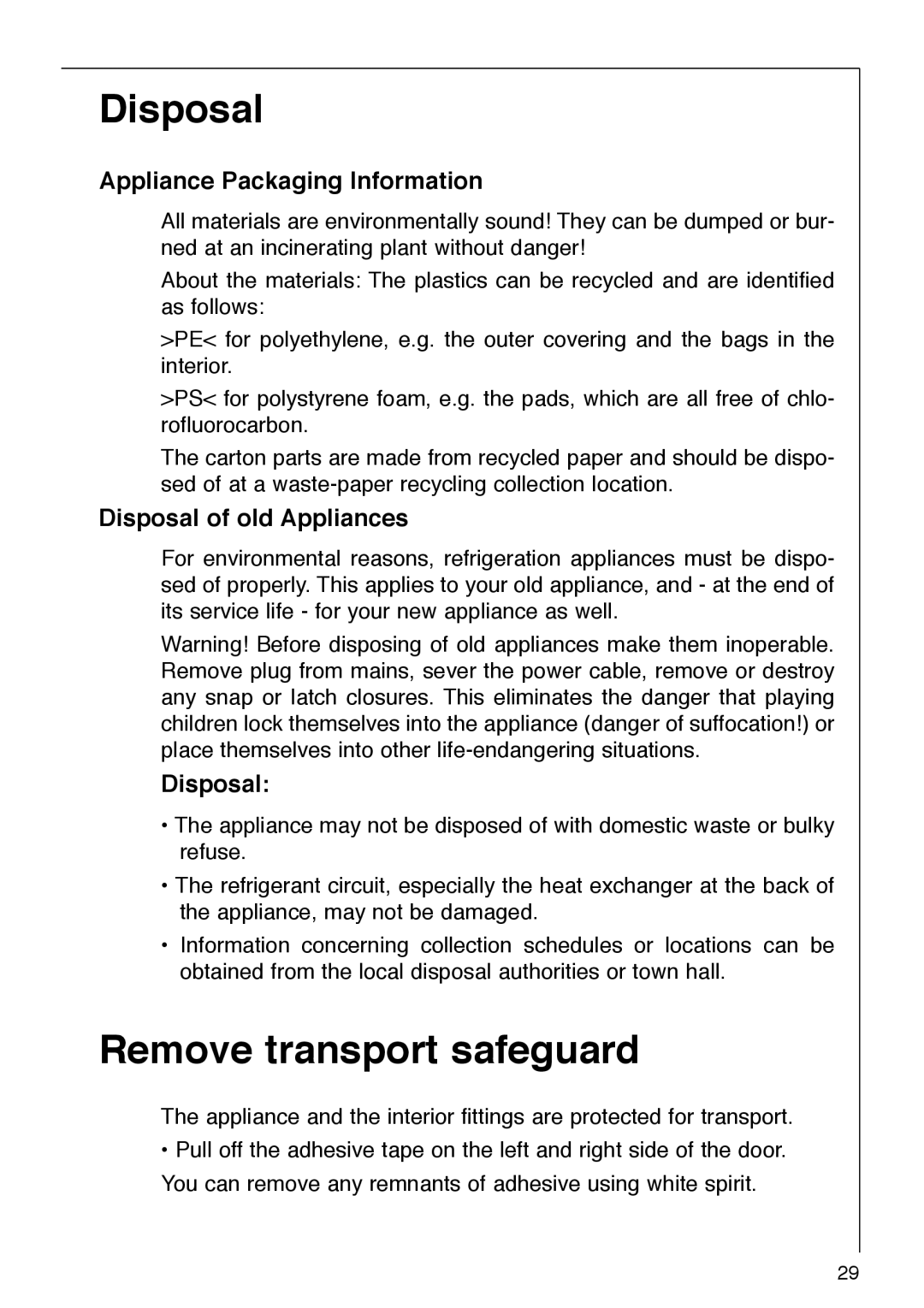 AEG 290-6I Remove transport safeguard, Appliance Packaging Information, Disposal of old Appliances 