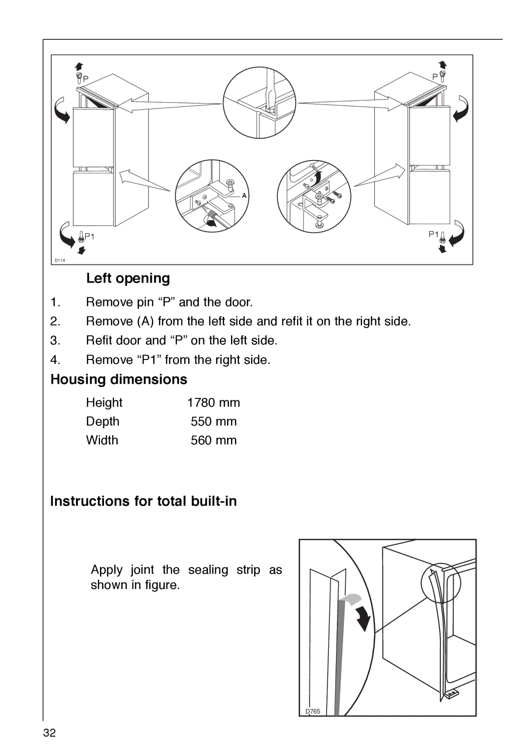 AEG 290-6I installation instructions Left opening, Housing dimensions, Instructions for total built-in 