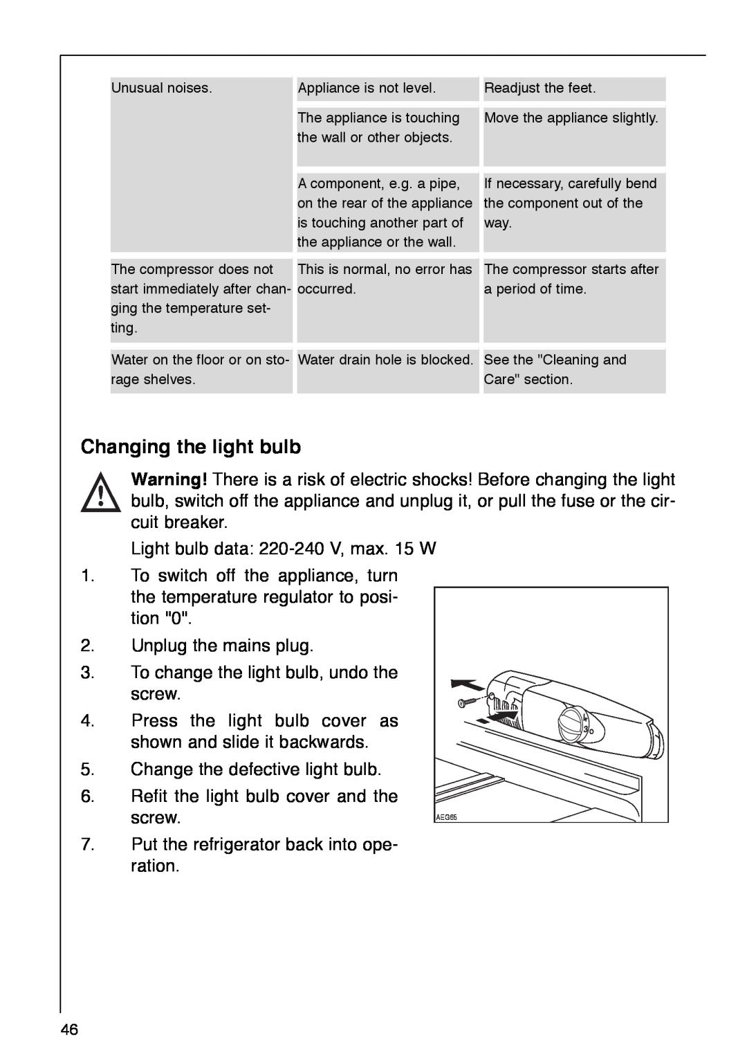 AEG 290-6I installation instructions Changing the light bulb 