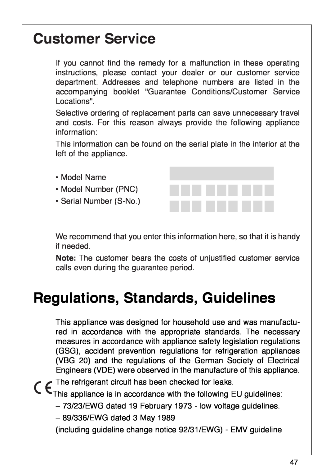 AEG 290-6I installation instructions Customer Service, Regulations, Standards, Guidelines 