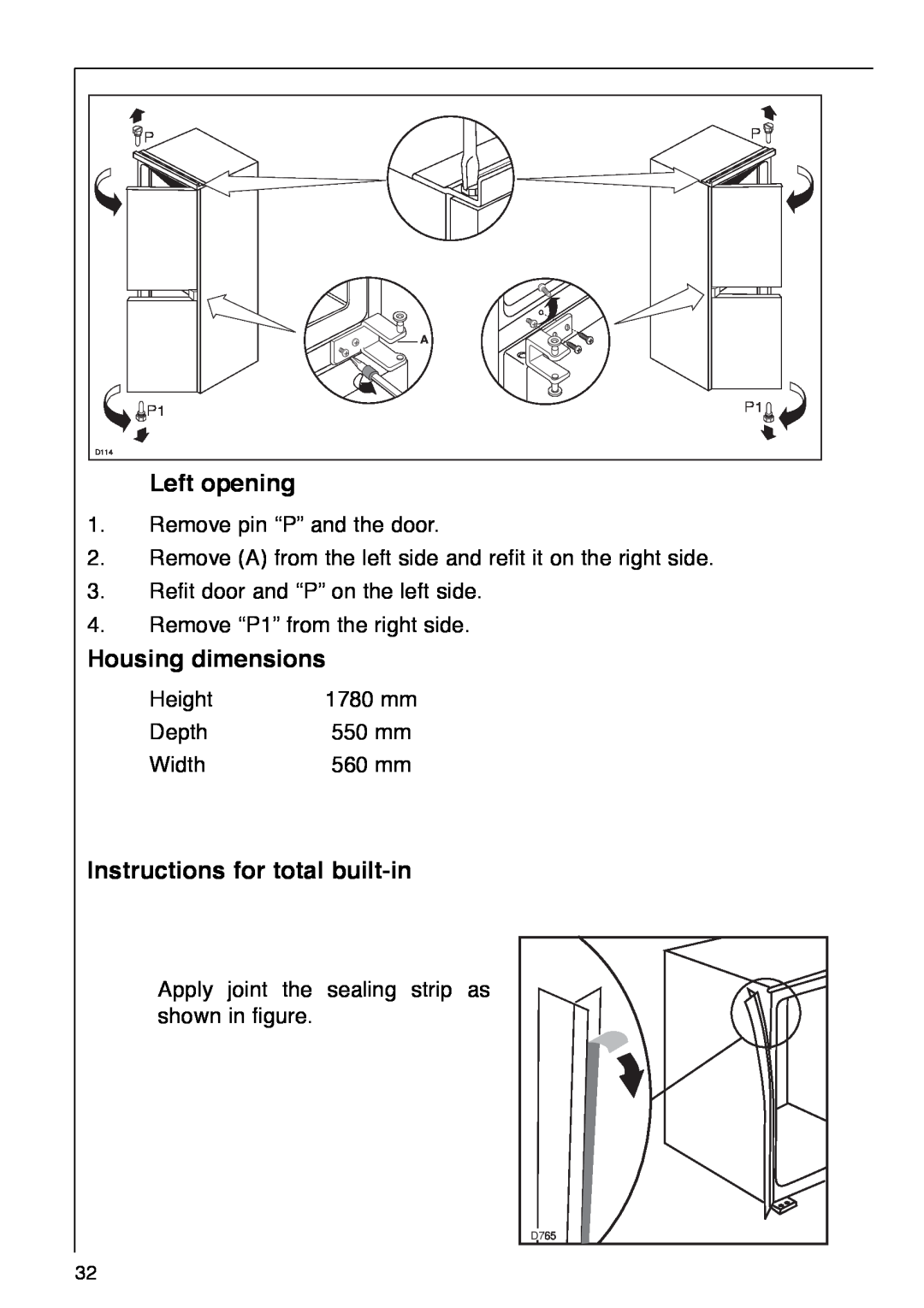 AEG 290-6I installation instructions Left opening, Housing dimensions, Instructions for total built-in 