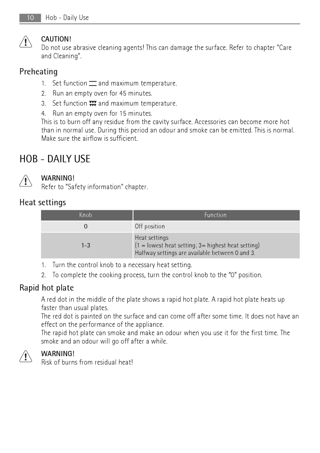 AEG 30006FF user manual HOB Daily USE, Preheating, Heat settings, Rapid hot plate, Knob Function 